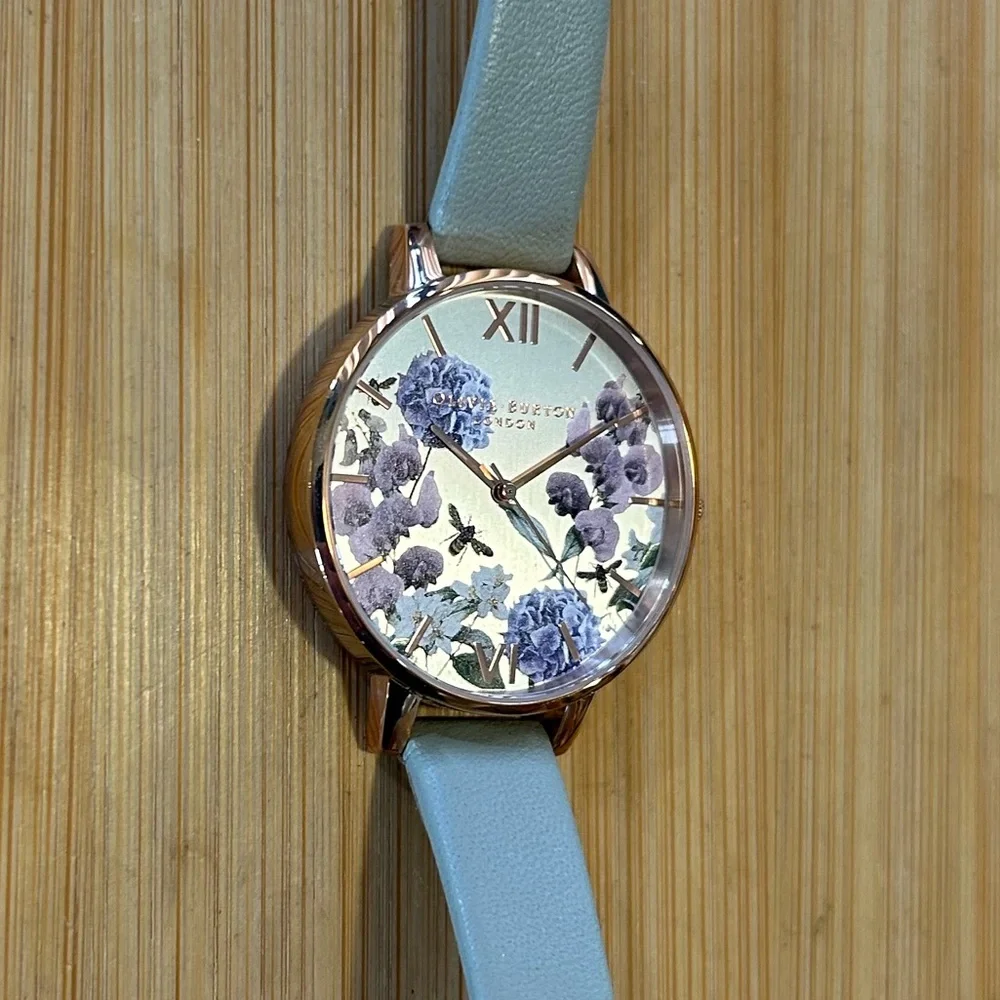OLIVIA BURTON ENCHANTED GARDEN WATCH WITH 38mm SILVER FLORAL FACE & GREY BAND